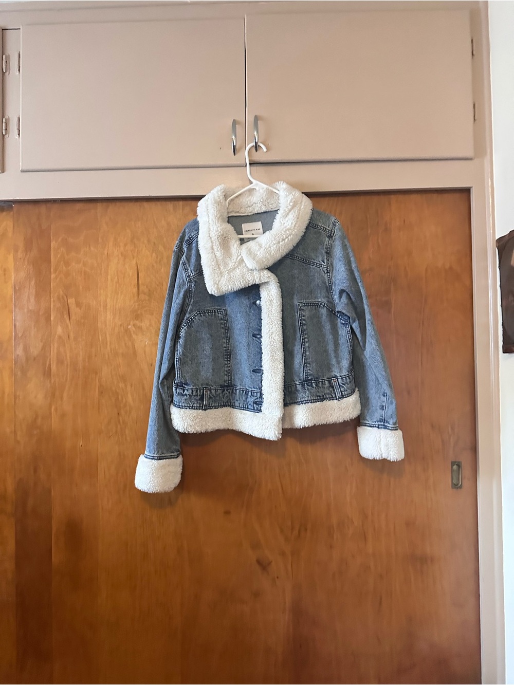 Celebrity Pink Light Blue Denim Jacket with White Sherpa Trim